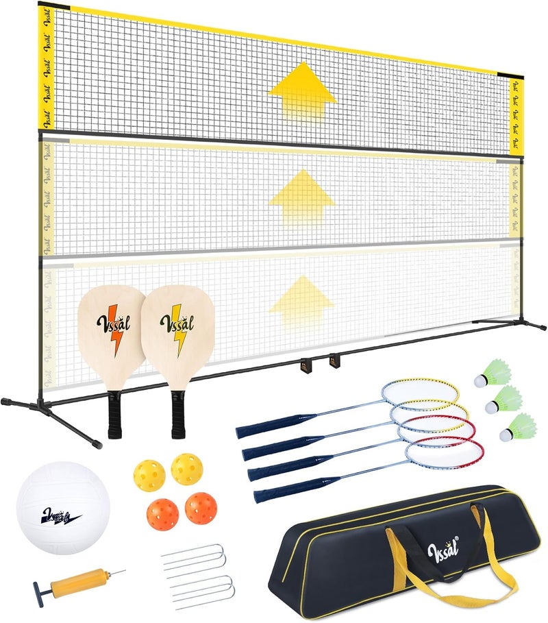 VSSAL 3-in-1 Portable Badminton, Volleyball & Pickleball Net Set for Adults, Adjustable Height 34"–10 ft for Backyards or Beach, Outdoor Sports Combo with Carry Bag, Rackets, Paddles & Balls - Image 1